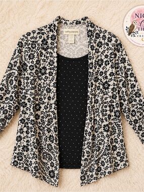 Black & White Floral Cardigan with Black Studded‎ Tank - womans Large